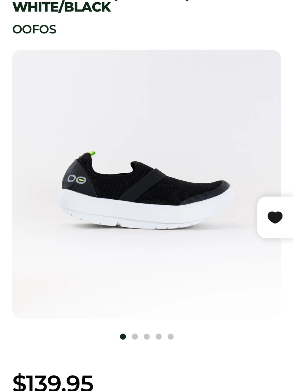 OOFOS Black and White Slip-On Comfort Sneaker with Green Accent